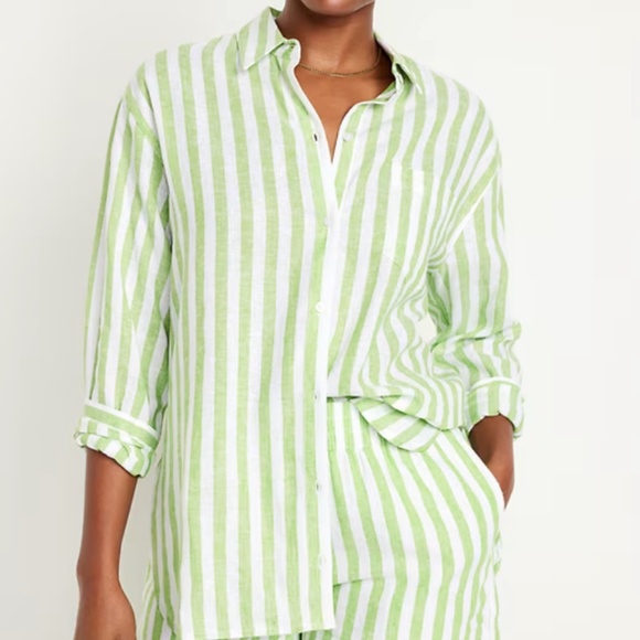 Old Navy Linen-Blend Striped Boyfriend Shirt - Green Stripe - Picture 1 of 4